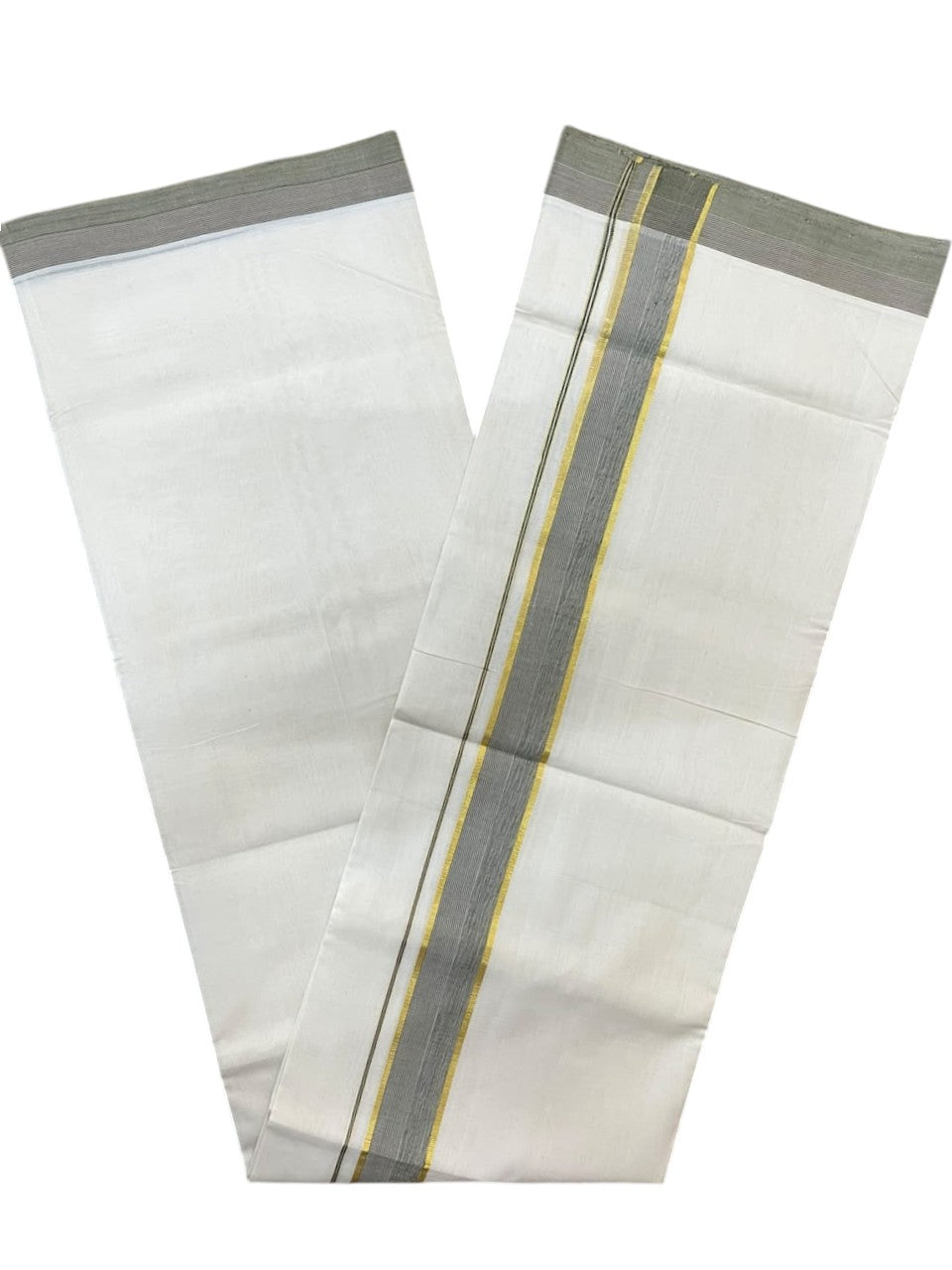 Southloom Balaramapuram Unakkupaavu Premium Handloom Cotton Double Mundu with Gold Kasavu and Olive Green Border