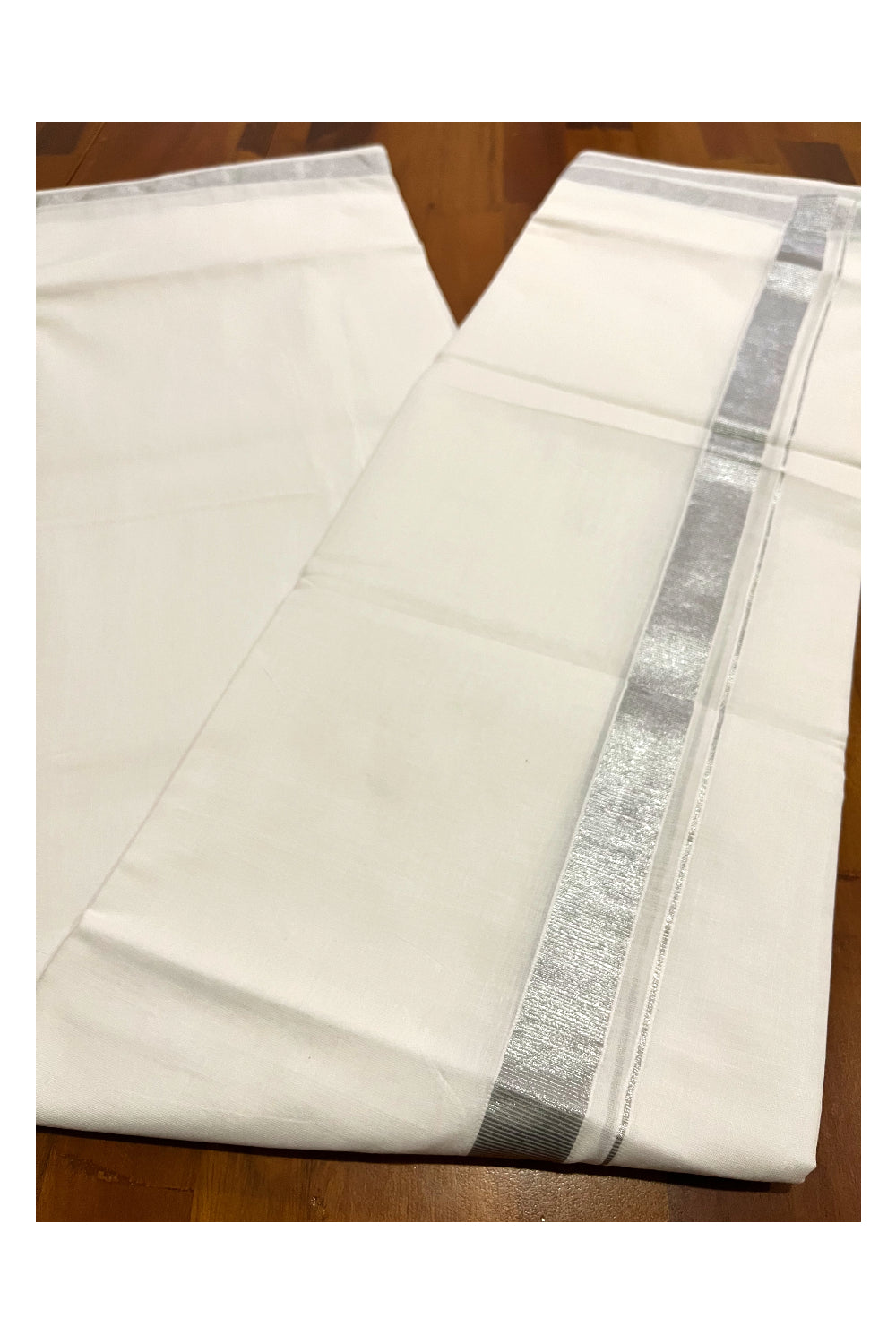 Pure White Cotton Double Mundu with 1 inch Silver Kasavu Border (South Indian Dhoti)