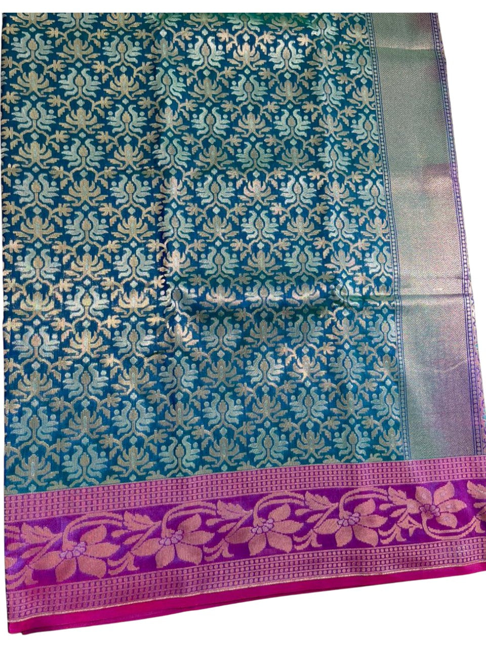 Southloom Pure Banarasi Silk Saree with Woven Work on Body and Borders ( Peacock Green And Blue)