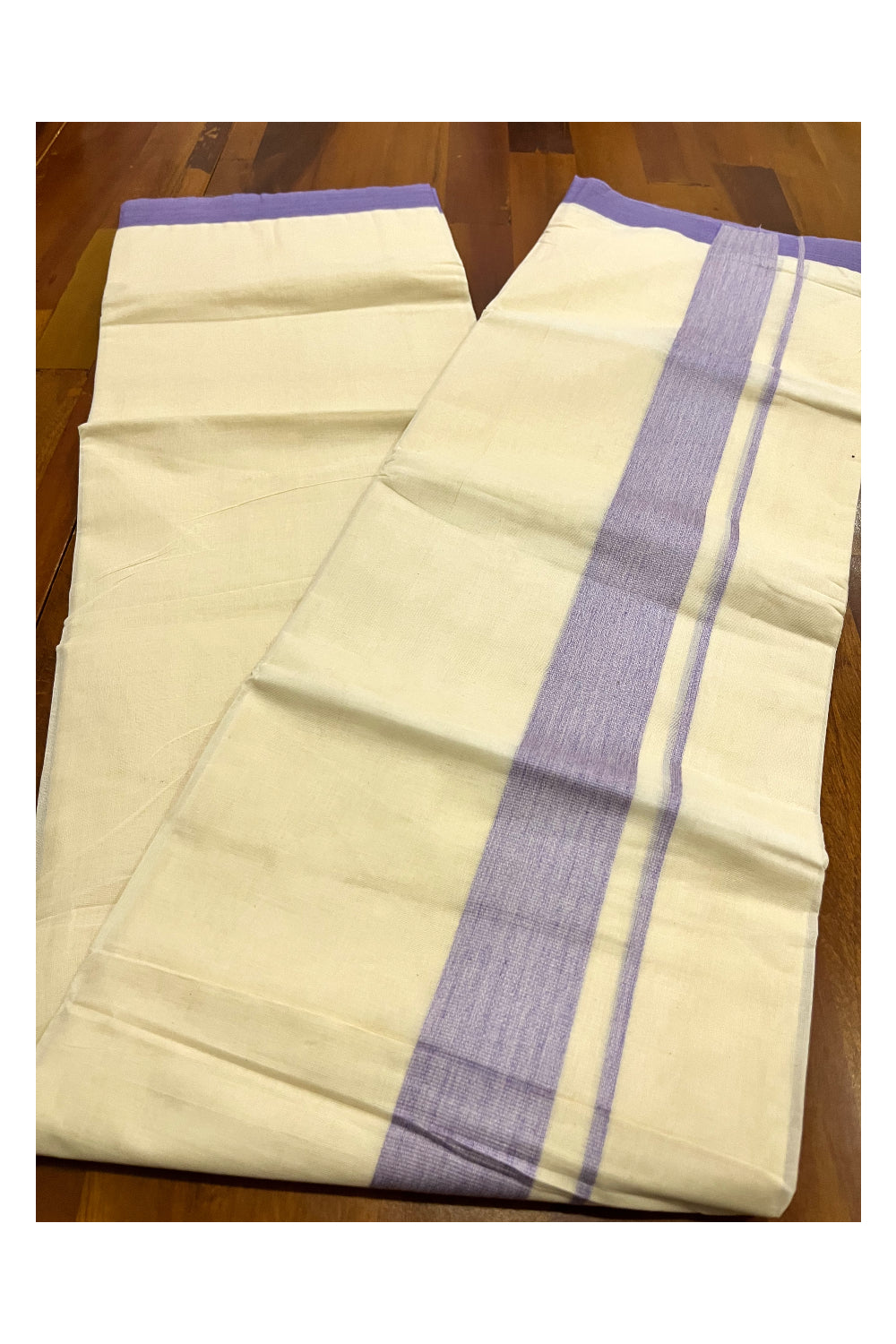 Kerala Pure Cotton Double Mundu with Violet Border (South Indian Kerala Dhoti)