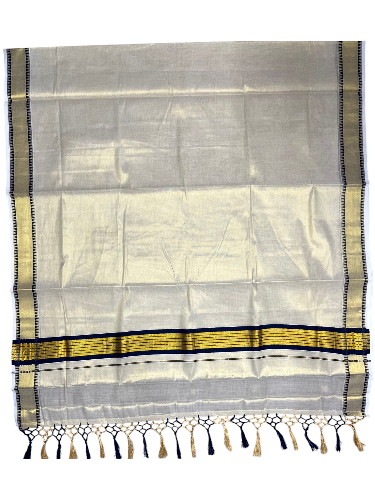 Southloom Kerala Tissue Kasavu Saree With Blue Temple Woven Works on Border SL365