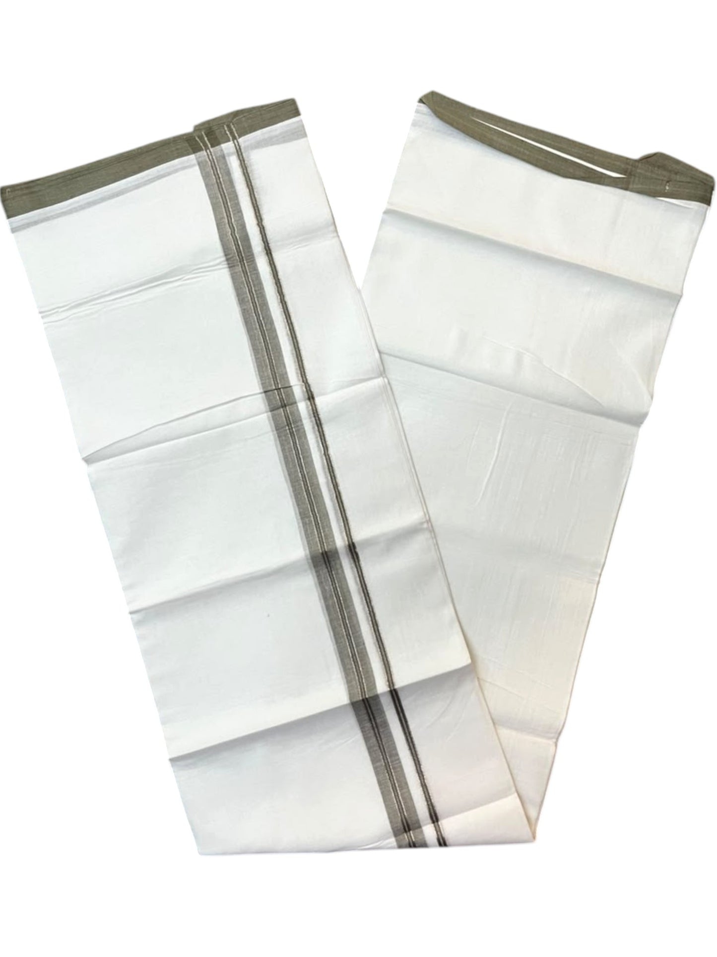 Southloom Pure White Cotton Mundu with Dark Olive Green & Silver Line Border (South Indian Kerala Dhoti)