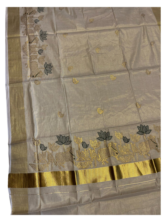 Southloom Tissue Kerala Kasavu Saree with Green & Golden Embroidery Works