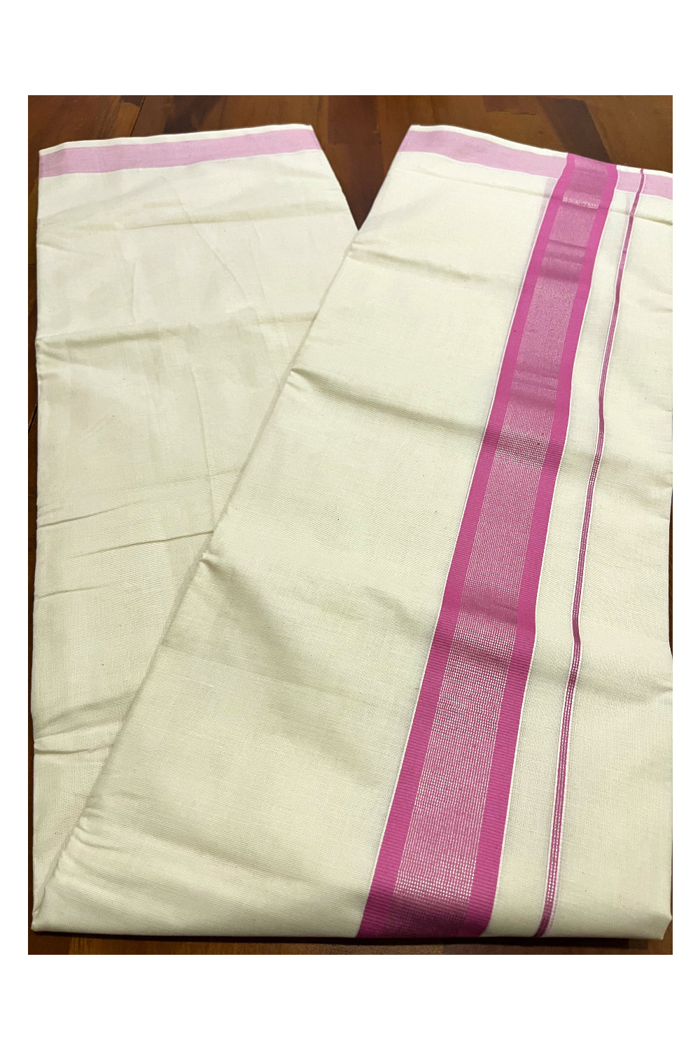 Kerala Pure Cotton Double Mundu with Pink and Silver Kasavu Border (South Indian Kerala Dhoti)