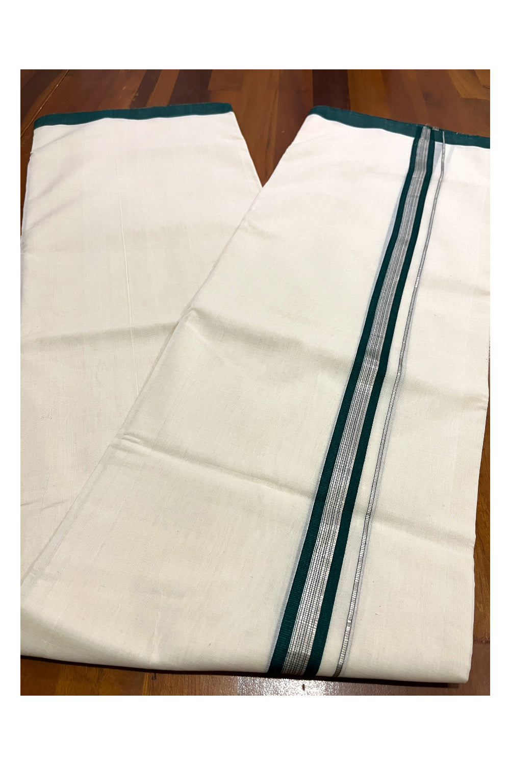 Southloom Premium Balaramapuram Unakkupaavu Handloom Mundu with Green and Silver Kasavu Border (South Indian Kerala Dhoti)