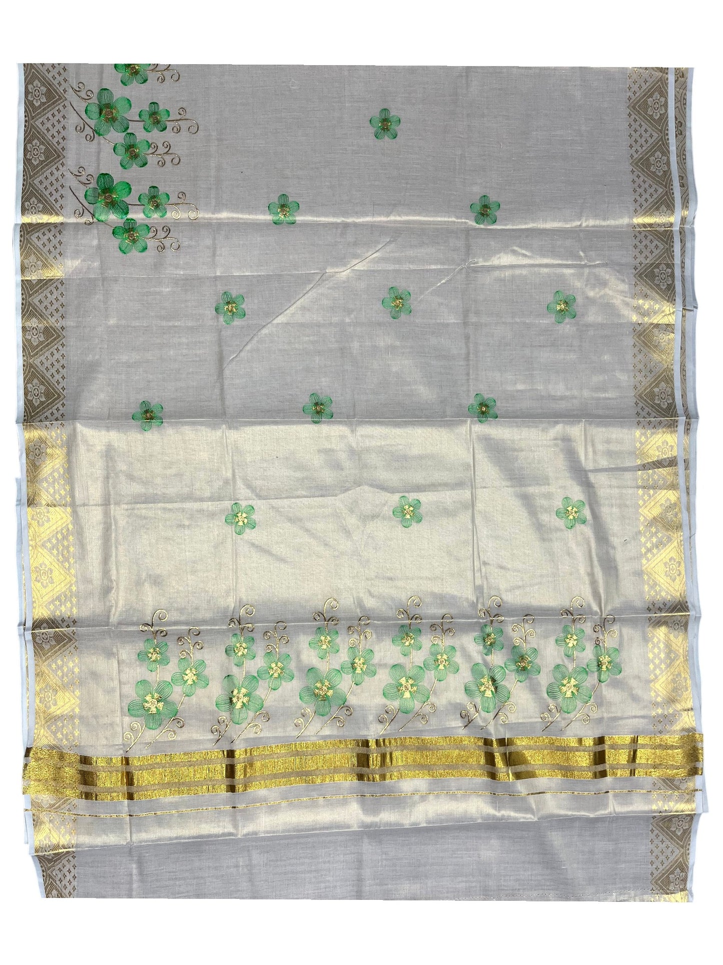 Southloom Kerala Tissue Kasavu Saree with Green Floral Embroidery Work on Body