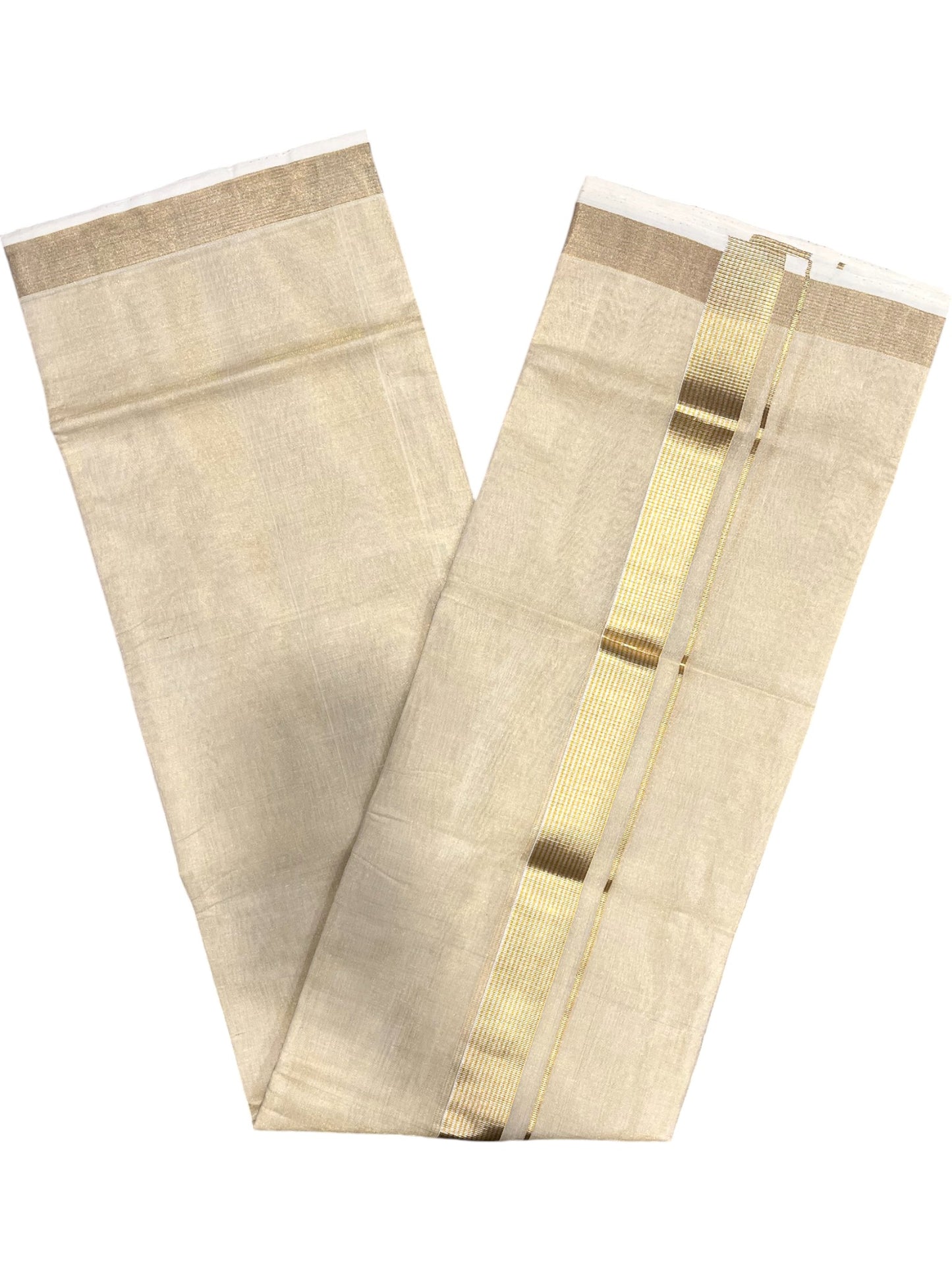 Southloom Premium Handloom Tissue Double Mundu with Gold And Silver Kasavu Border