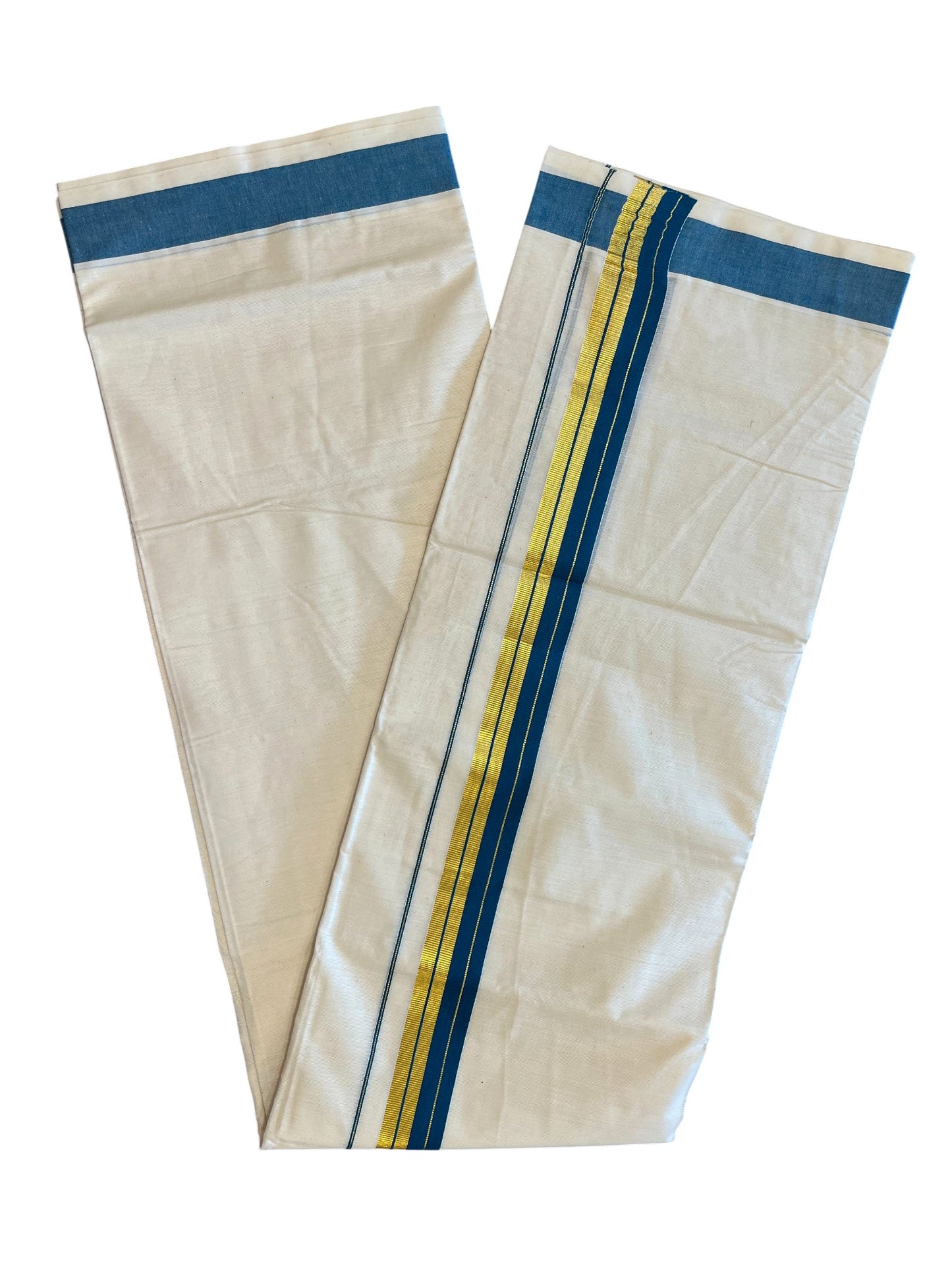 Southloom Kerala Pure Cotton Double Mundu with Gold Lines & Blue Border (South Indian Dhoti)
