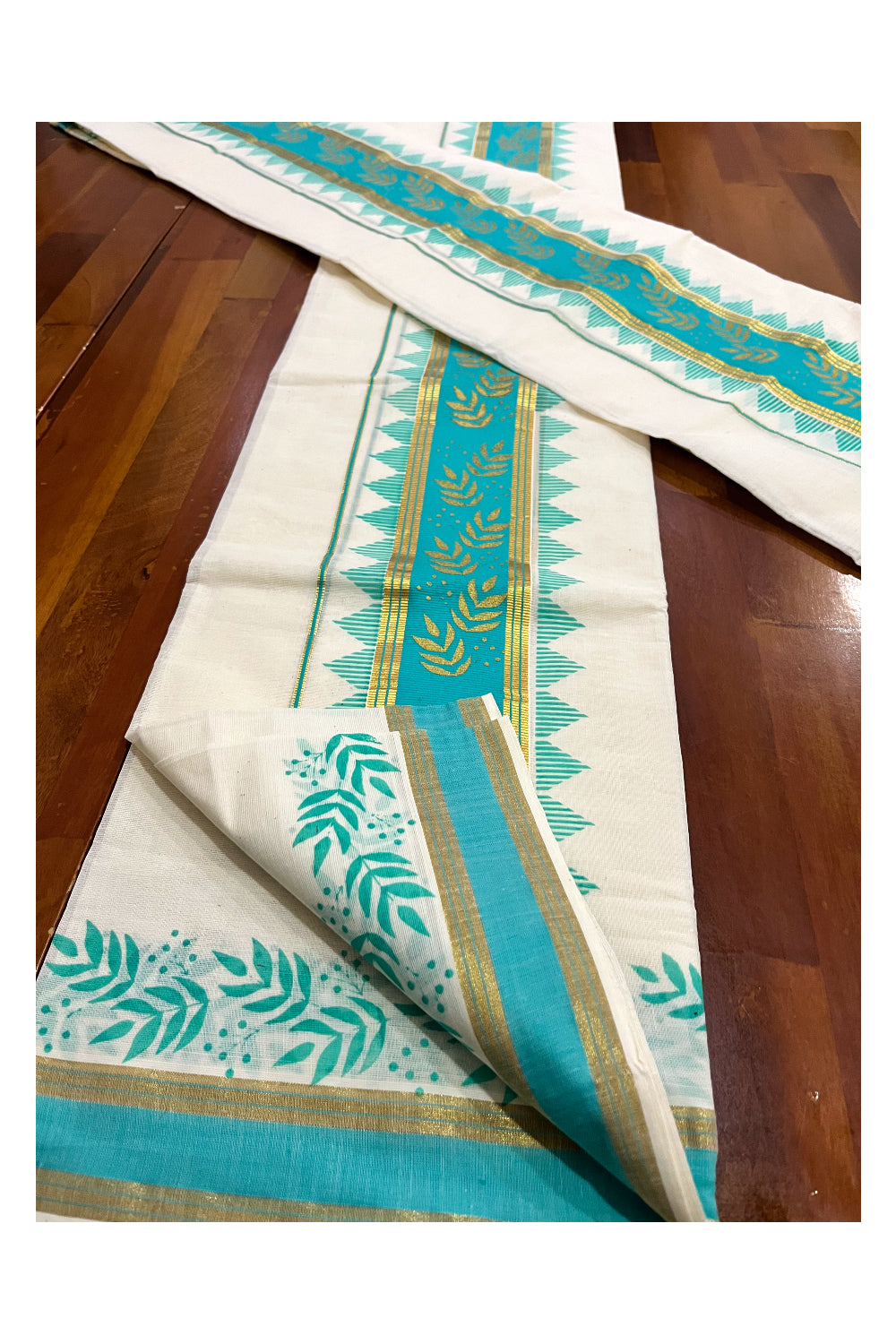 Kerala Pure Cotton Set Mundu Single (Mundum Neriyathum) with Floral Golden Block Prints on Turquoise Border