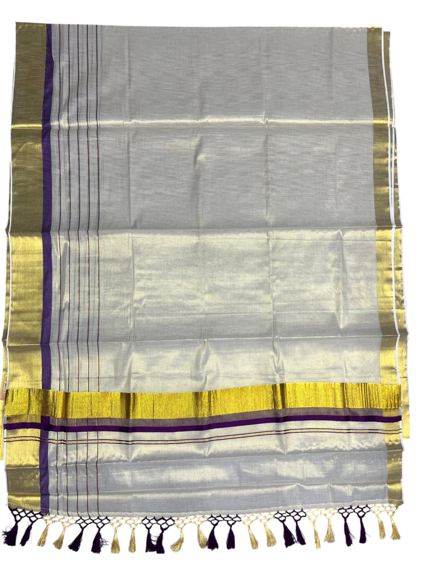 Southloom Kerala Tissue  Kasavu Saree with Stripes on Body with Purple Borders