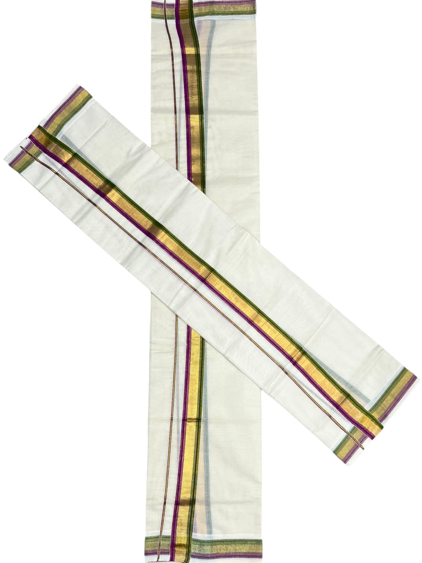 Kerala Cotton Set Mundu (Mundum Neriyathum) with Kasavu and Magenta &Olive Green Border 2.80 Mtrs SLKK SL470