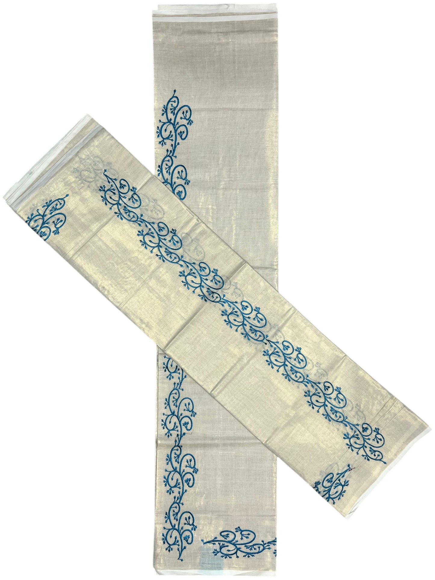 Southloom Kerala Tissue Kasavu Single Set Mundu (Mundum Neriyathum) Blue Embroidery Work