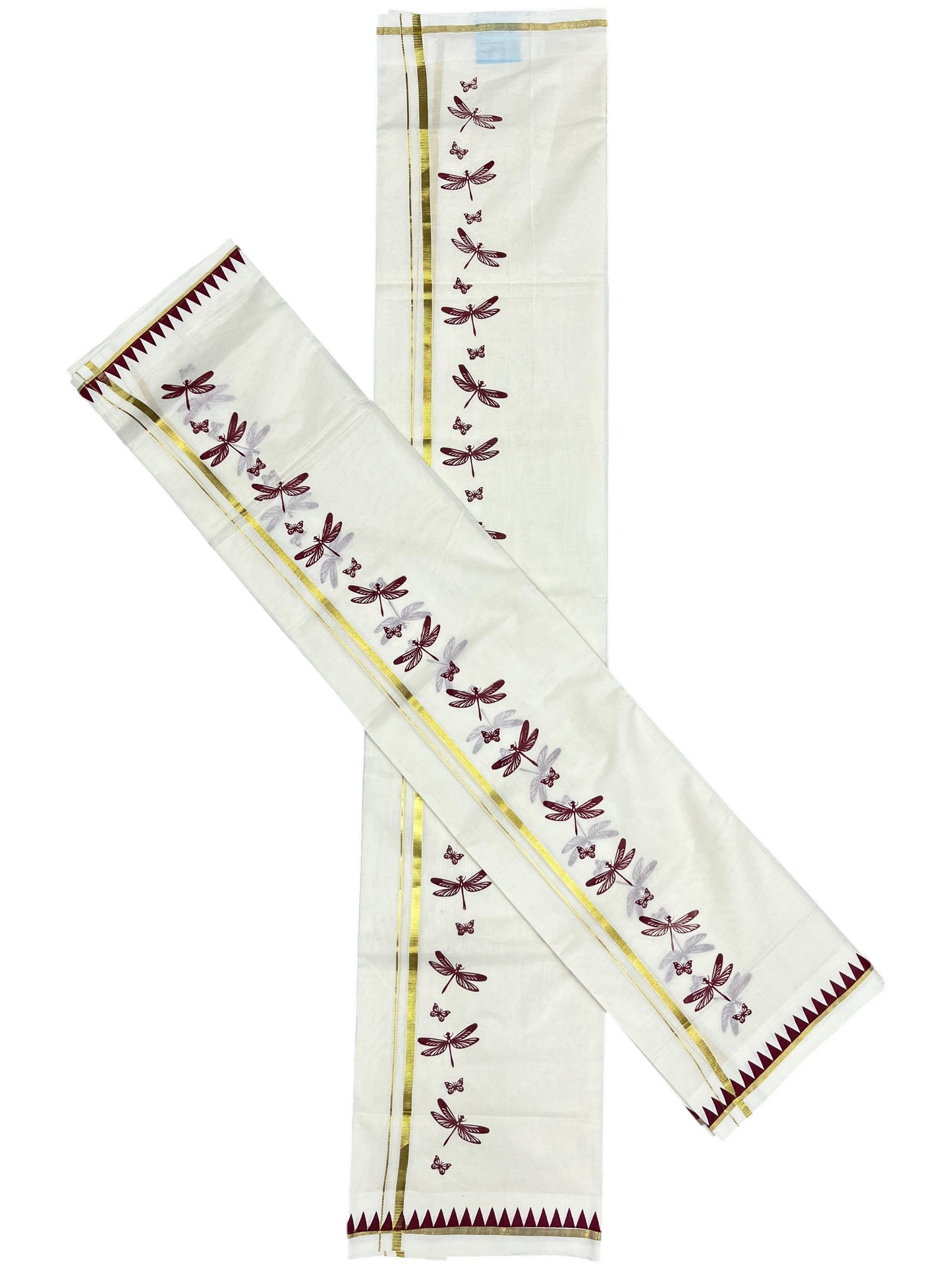Southloom Kerala Cotton Single Set Mundu (Mundum Neriyathum) with Maroon Thumbi Block Printed Design And Gold Kasavu 2.80Mtrs SL151