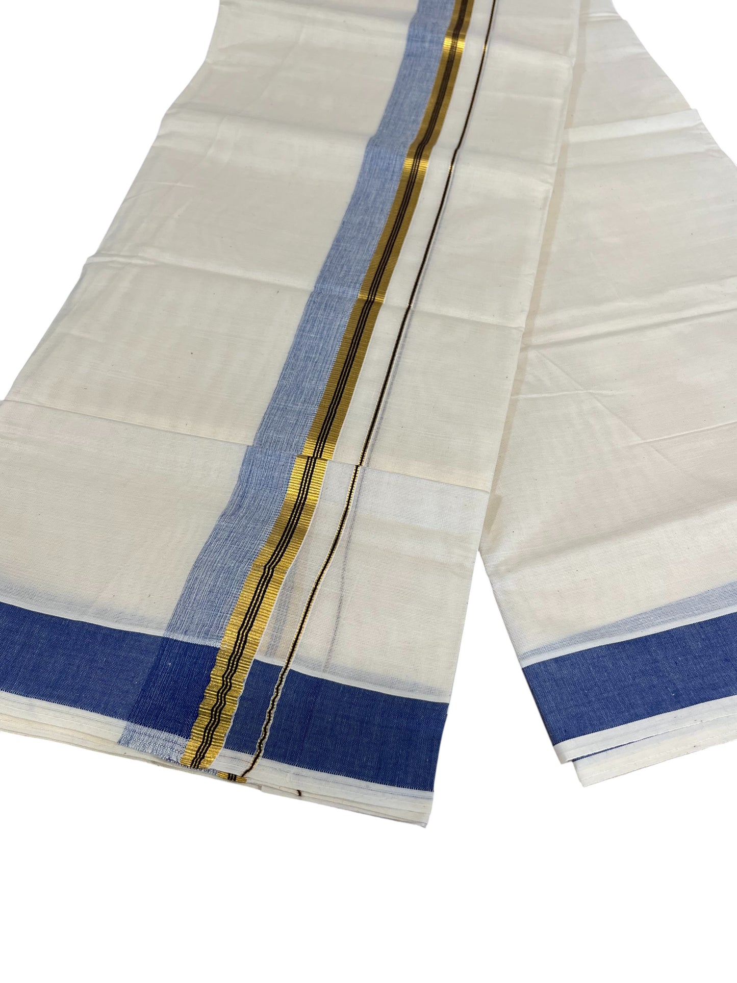 Southloom Pure Cotton Mundu with Blue Lines and Blue Border (South Indian Kerala Dhoti)