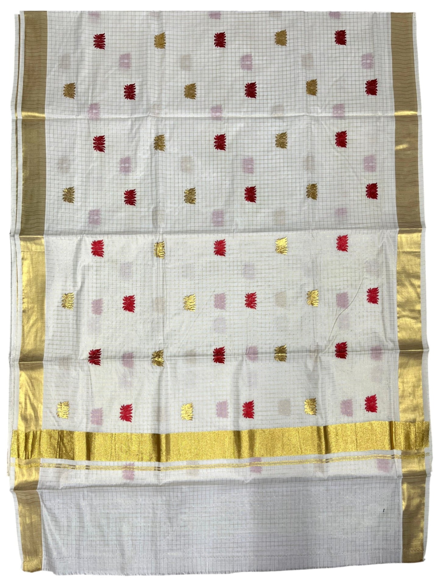 Southloom Cotton Kerala Kasavu Check Saree with Lotus Embroidery Design in Red