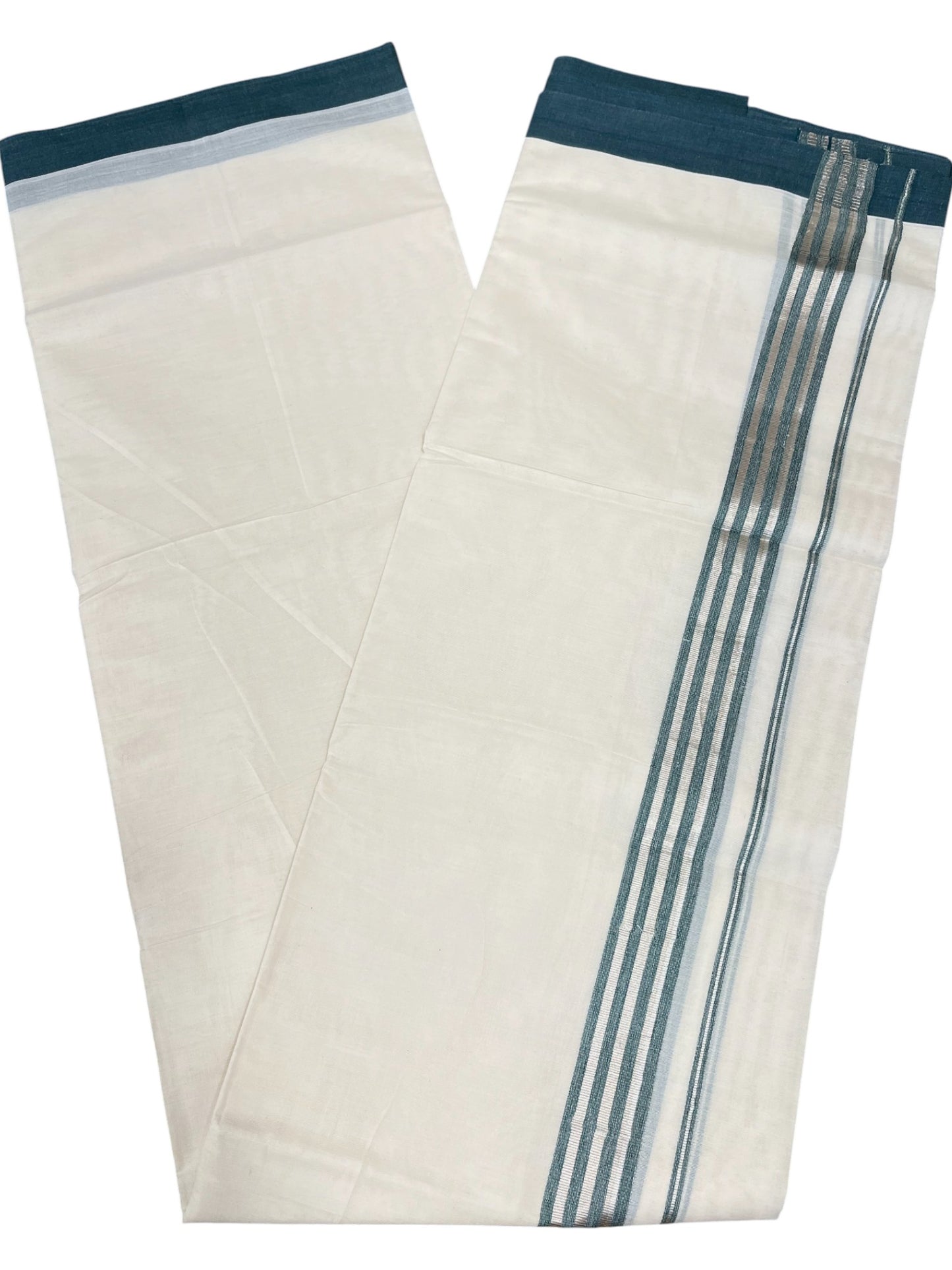 Southloom Kerala Pure Cotton Double Mundu with Green And Silver Lines Border (South Indian Dhoti)