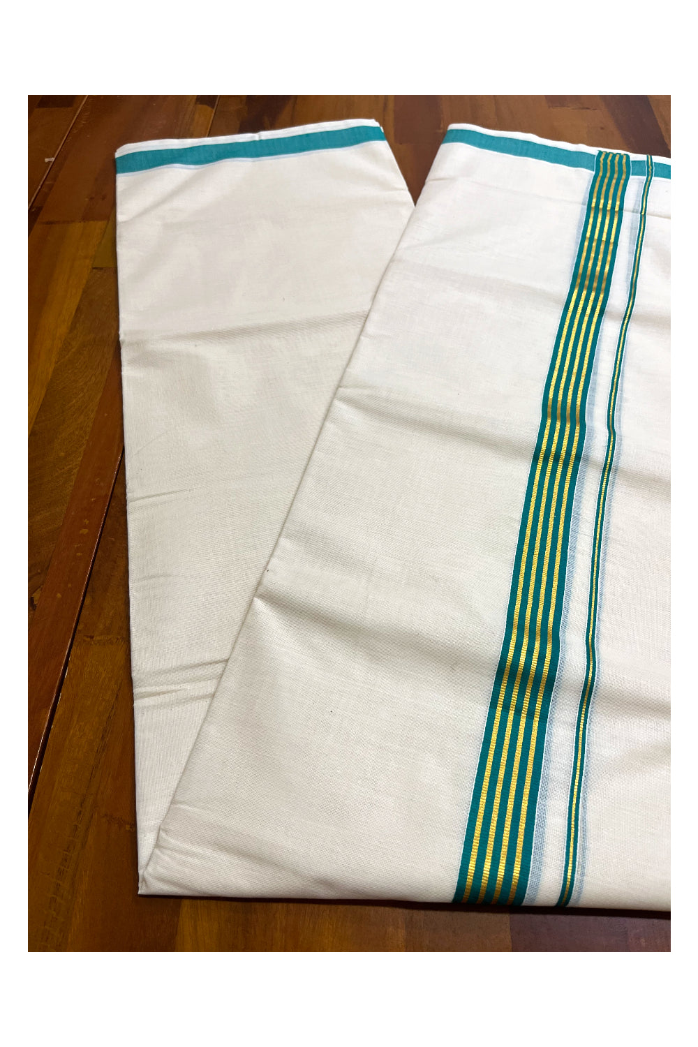 Kerala Pure Cotton Double Mundu with Green and Kasavu Lines Border (South Indian Kerala Dhoti)