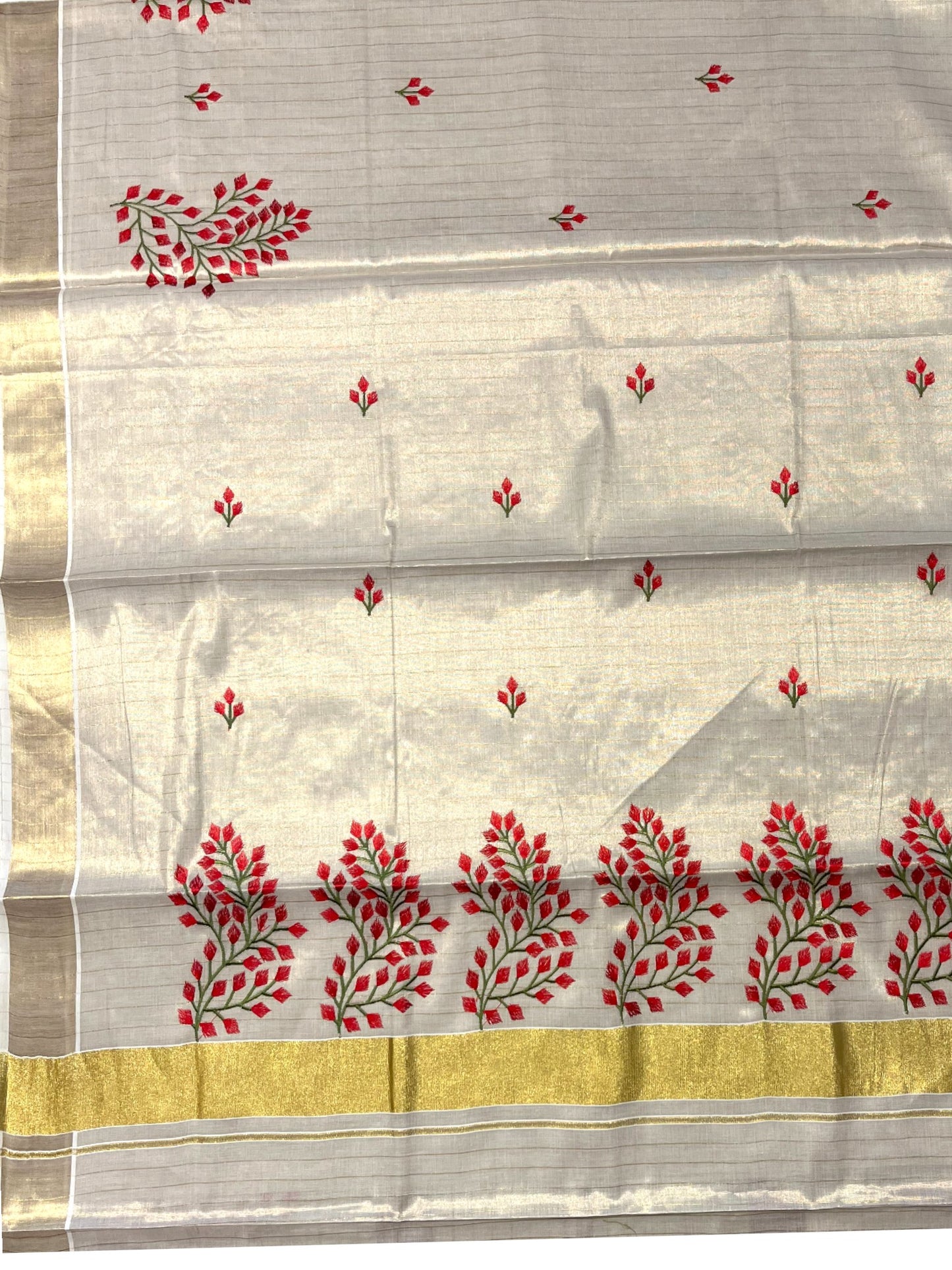 Southloom Tissue Kerala Kasavu Stripes Saree with Floral Embroidery Design