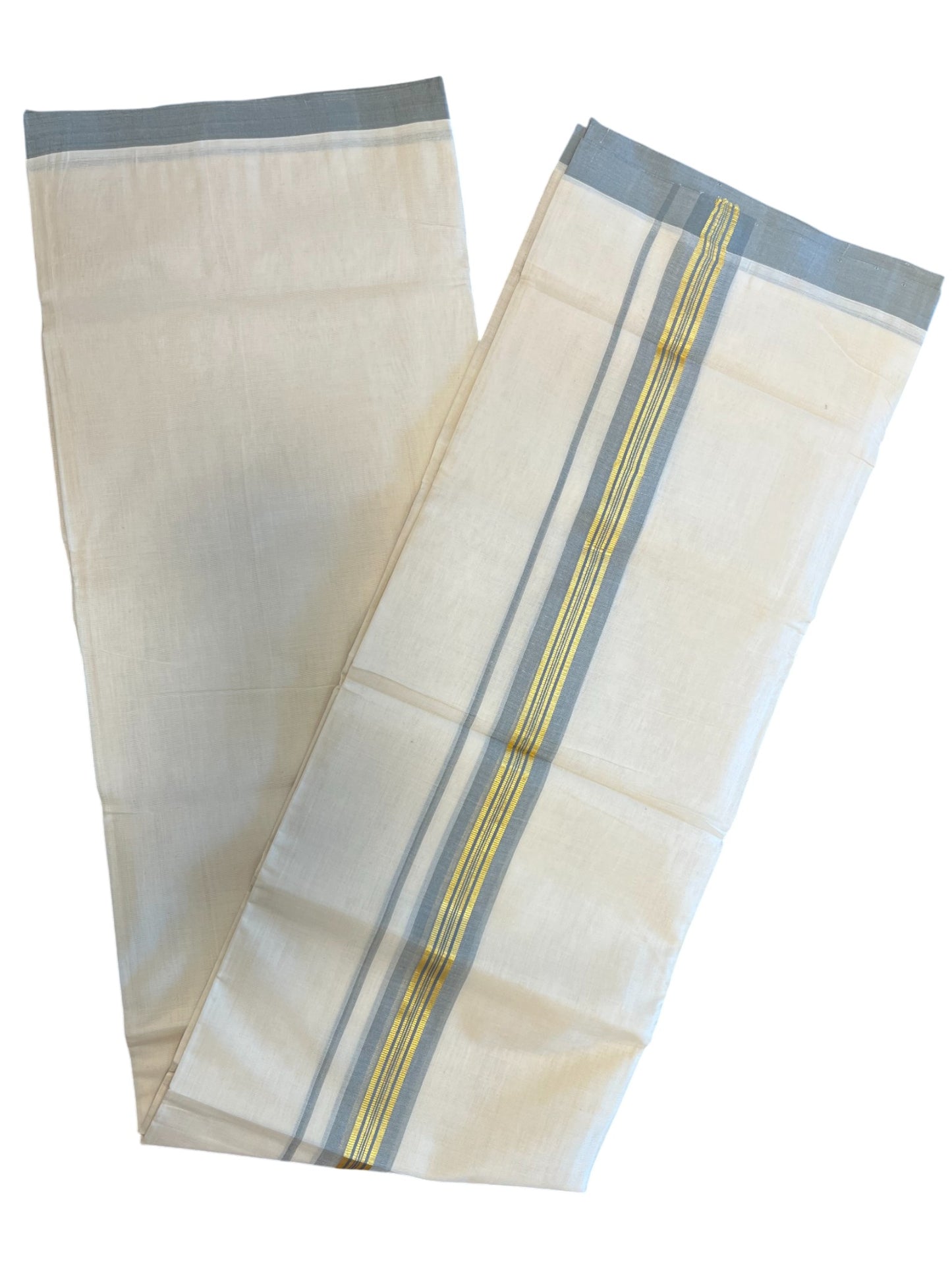 Southloom Premium Handloom Cotton Double Mundu with Gold and Grey Border