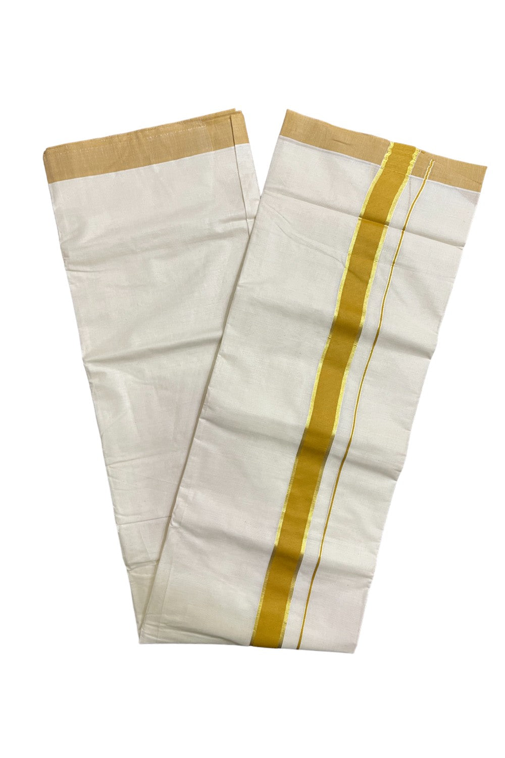 Kerala Pure Cotton Double Mundu with Yellow and Kasavu Border (South Indian Kerala Dhoti)