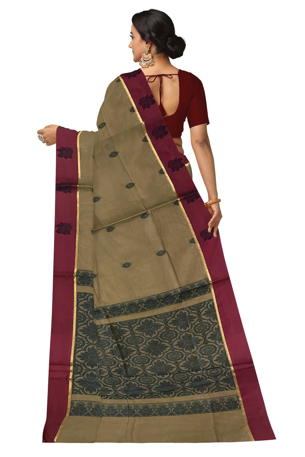 Southloom Cotton Brown Saree with Maroon Floral Woven Border