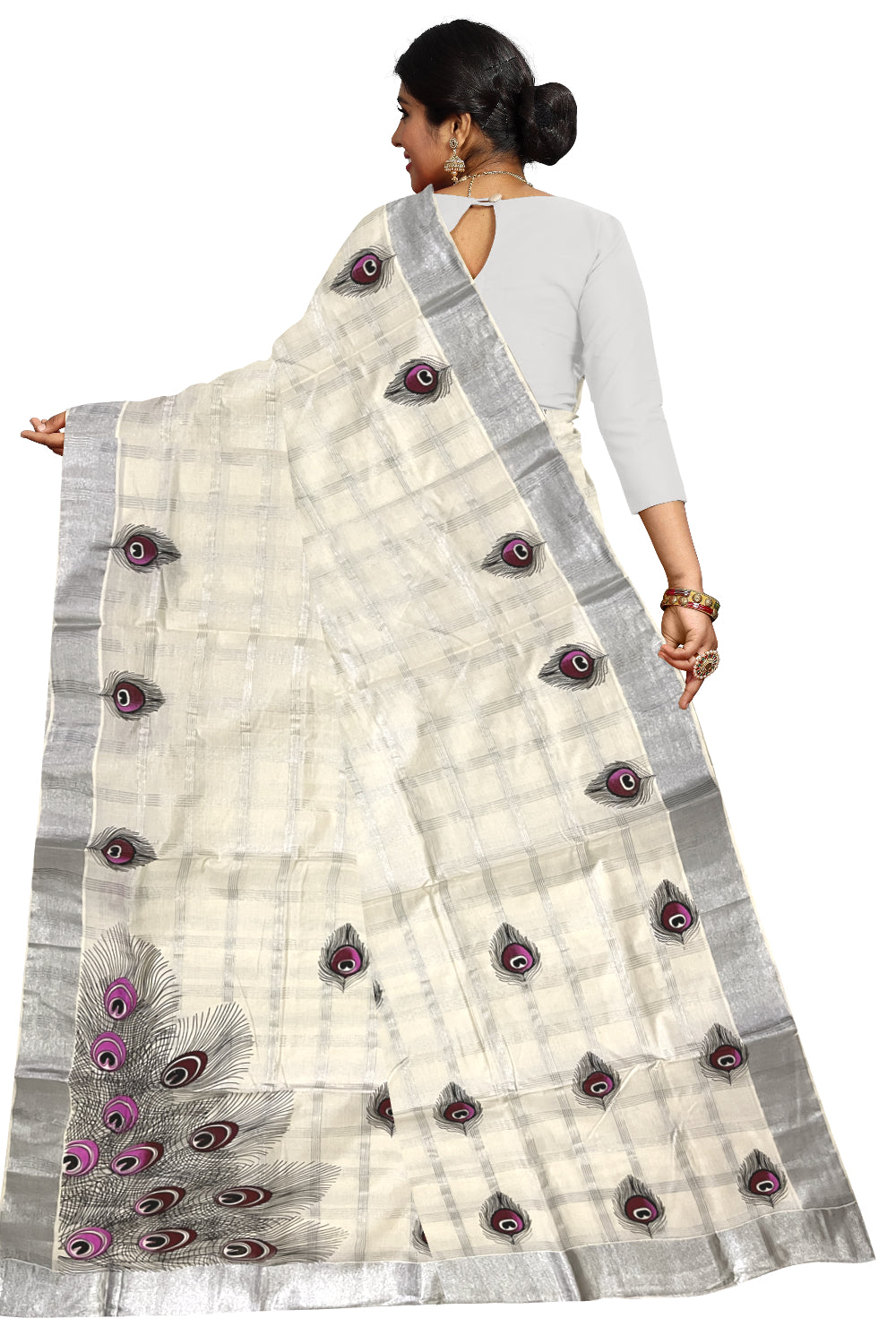 Pure Cotton Kerala Saree with Silver Kasavu Check Designs and Magenta Feather Block Printed Body (Onam Saree 2023)