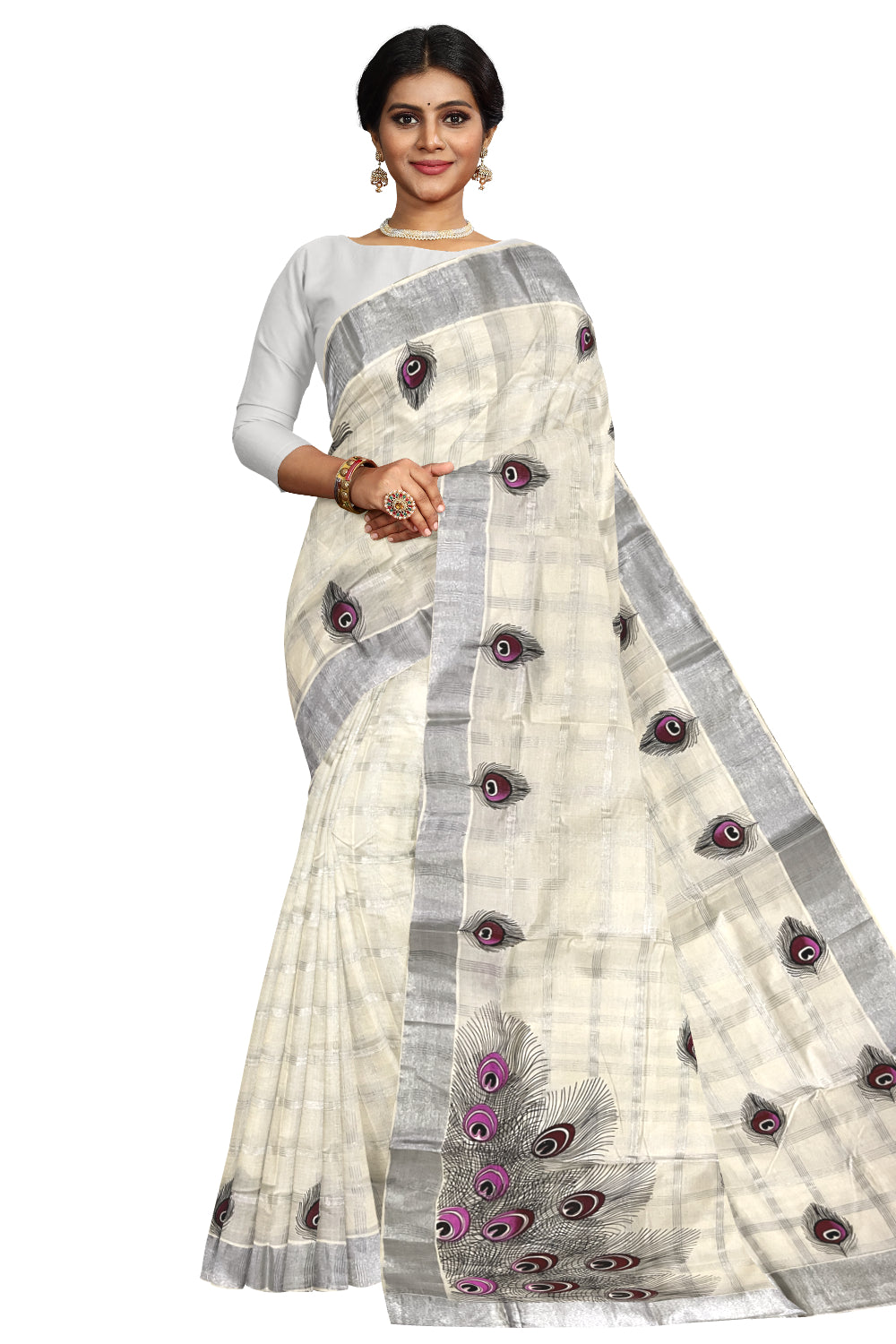 Pure Cotton Kerala Saree with Silver Kasavu Check Designs and Magenta Feather Block Printed Body (Onam Saree 2023)