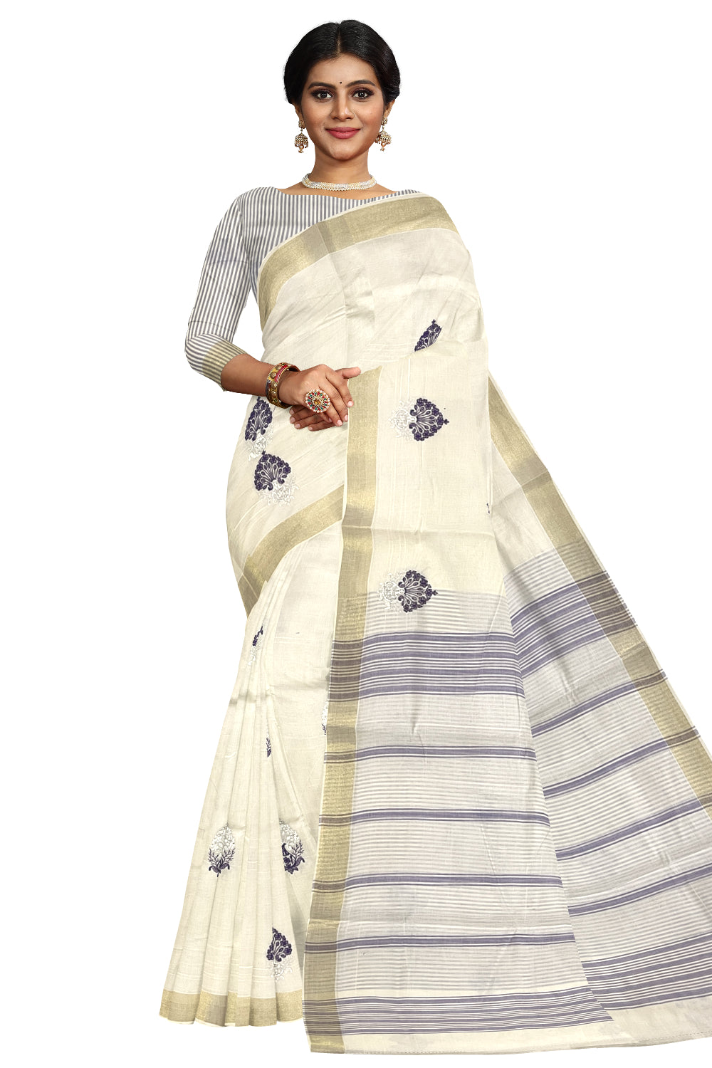 Pure Cotton Kerala Saree with Violet Floral Embroidery Work and Kasavu Border