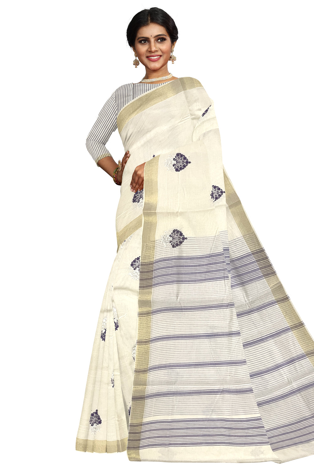 Pure Cotton Kerala Saree with Violet Floral Embroidery Work and Kasavu Border