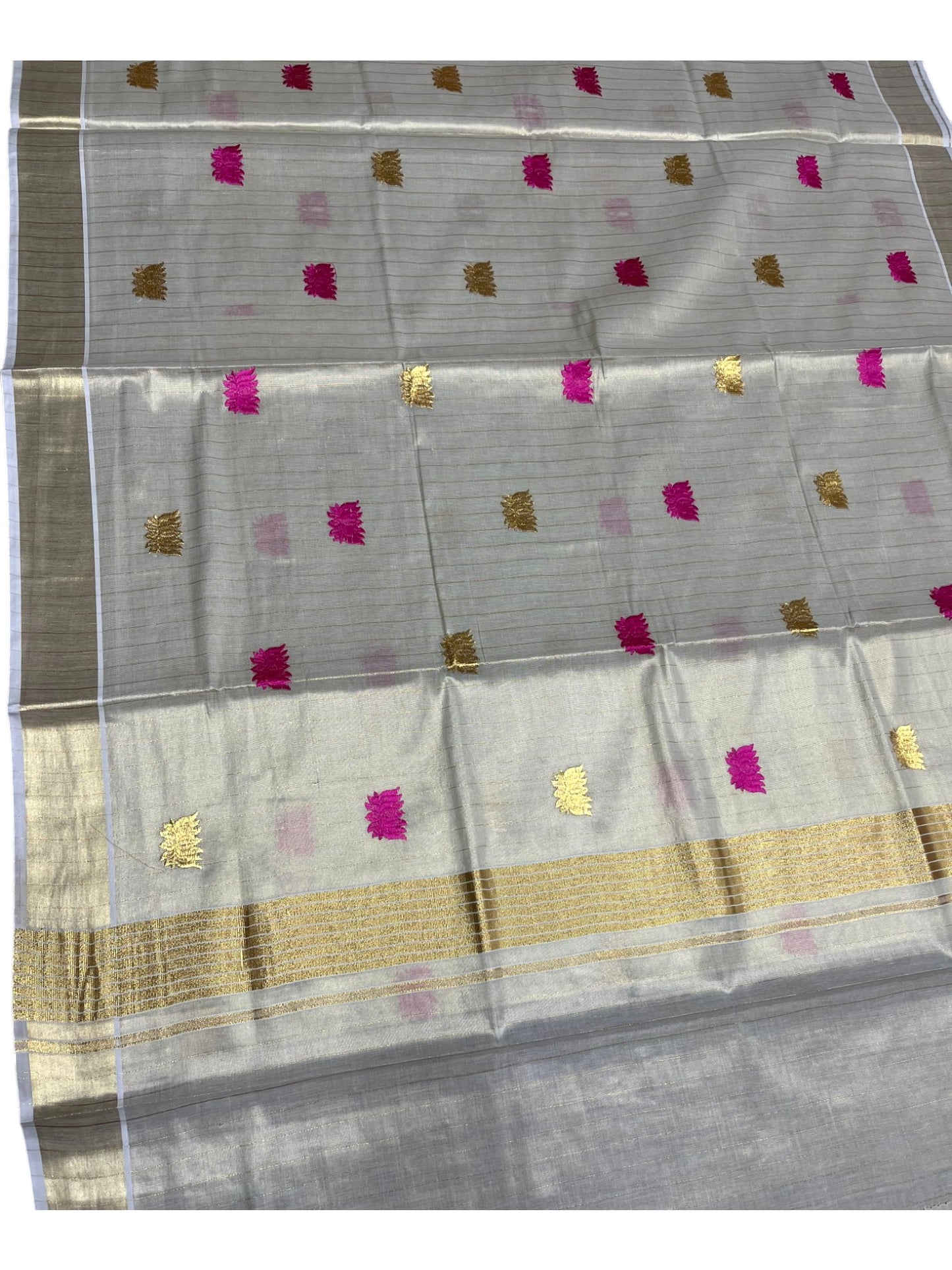 Southloom Kerala Tissue Kasavu Saree with Pink& Gold Lotus Embroidery Works