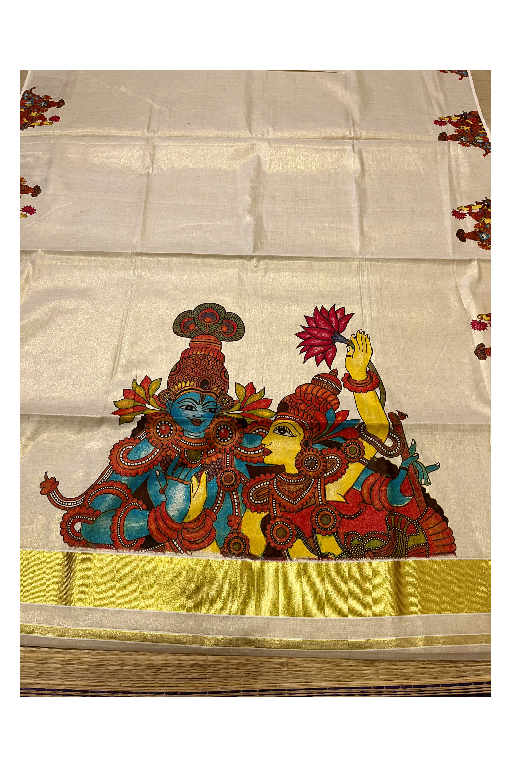 Kerala Tissue Kasavu Saree with Krishna Radha Mural Printed Design