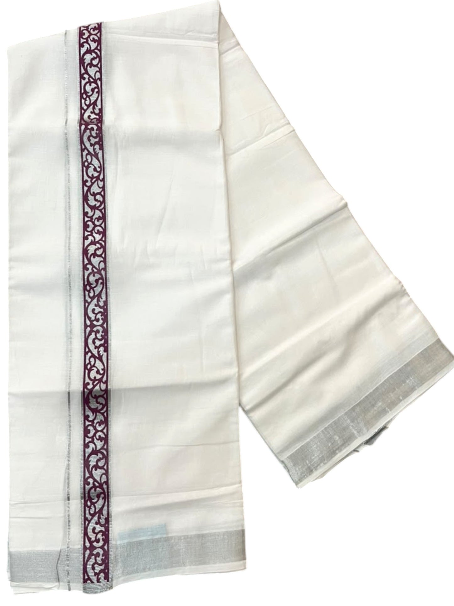 Southloom Pure White Cotton Mundu with Purple and Silver Kasavu Border (South Indian Kerala Dhoti)