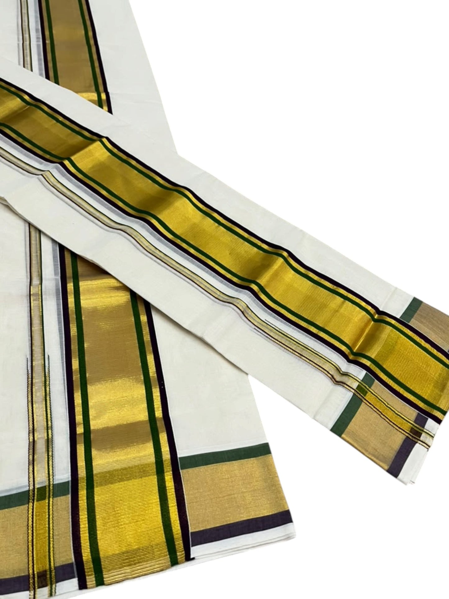Southloom Premium Handloom Set Mundu with Purple & Olive Green Border and Kasavu Lines Across Body 2.80 Mtrs SL632