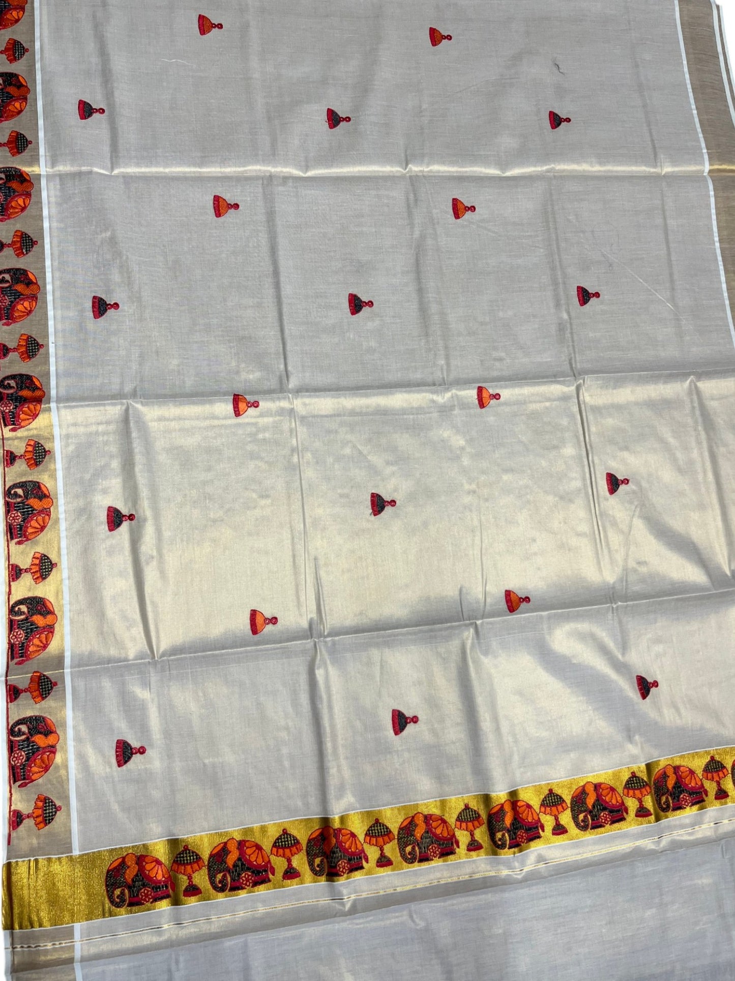 Southloom Tissue Kerala Kasavu Saree with Elephant Embroidery Design
