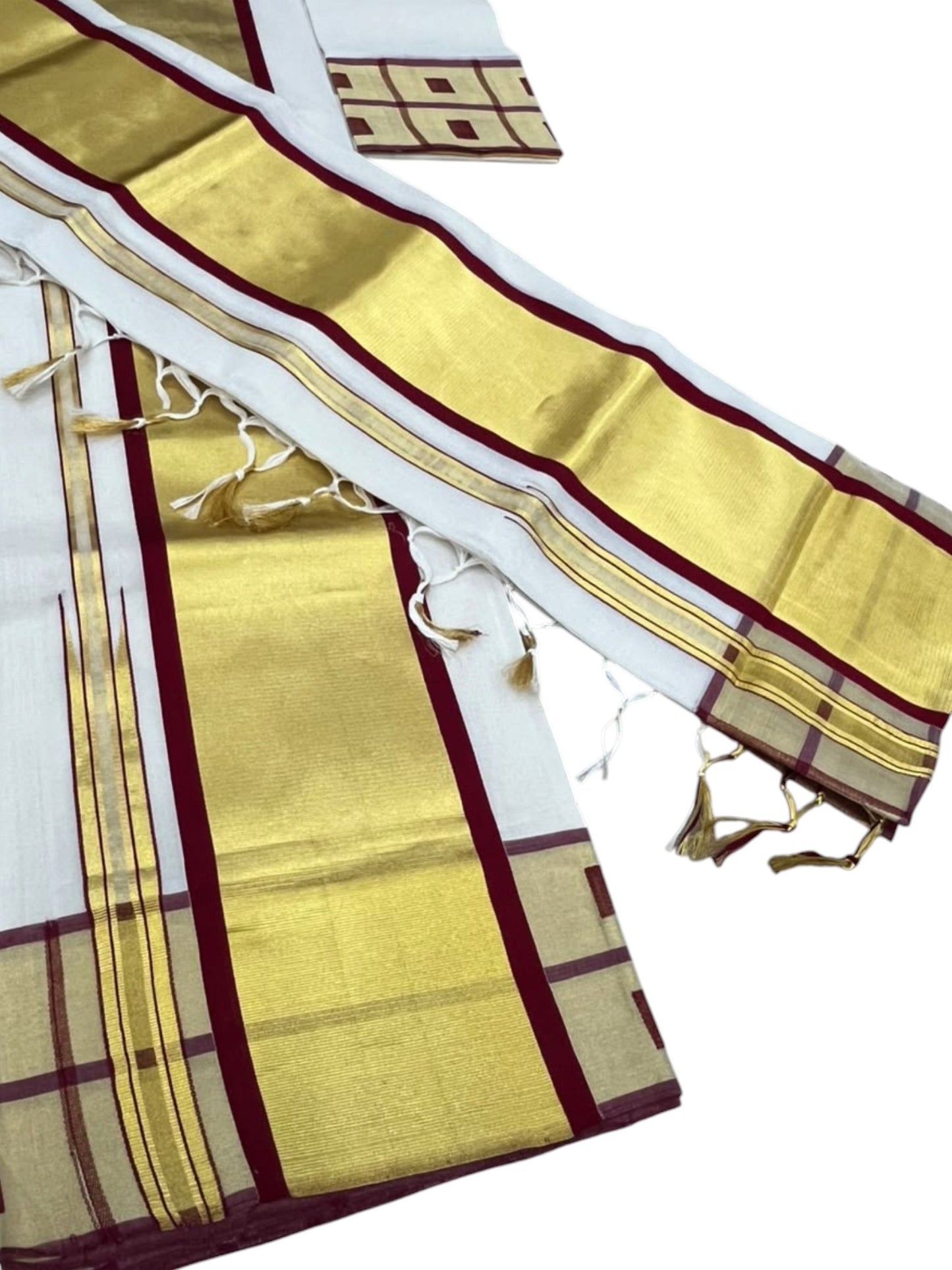 Southloom Premium Cotton Handloom Set Mundu with Kasavu With Maroon and Golden Border (2.80 Mtr)