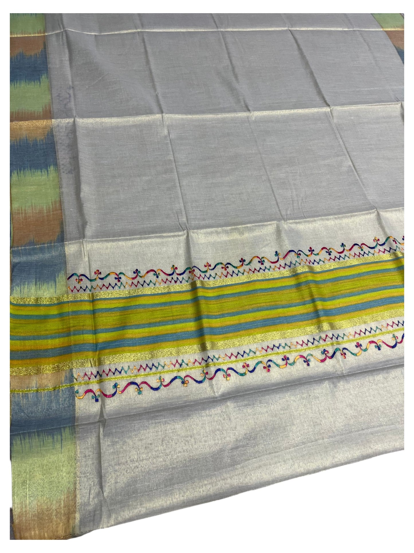 Southloom Kerala Tissue Kasavu Saree with Multi Colour Pochampally Design on Borders and Kara