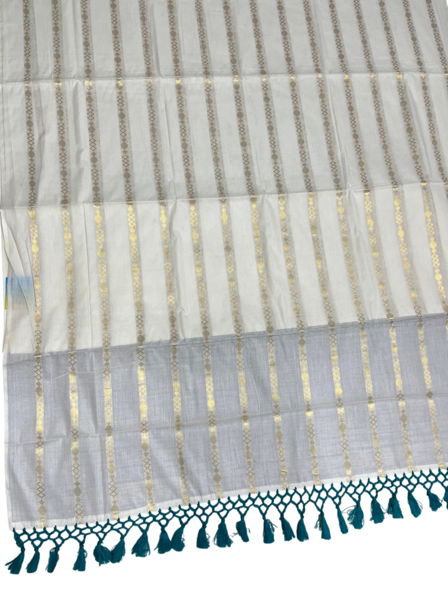Southloom Cotton Kerala Kasavu Saree with Stripes on Body and Peacock Green Tussels