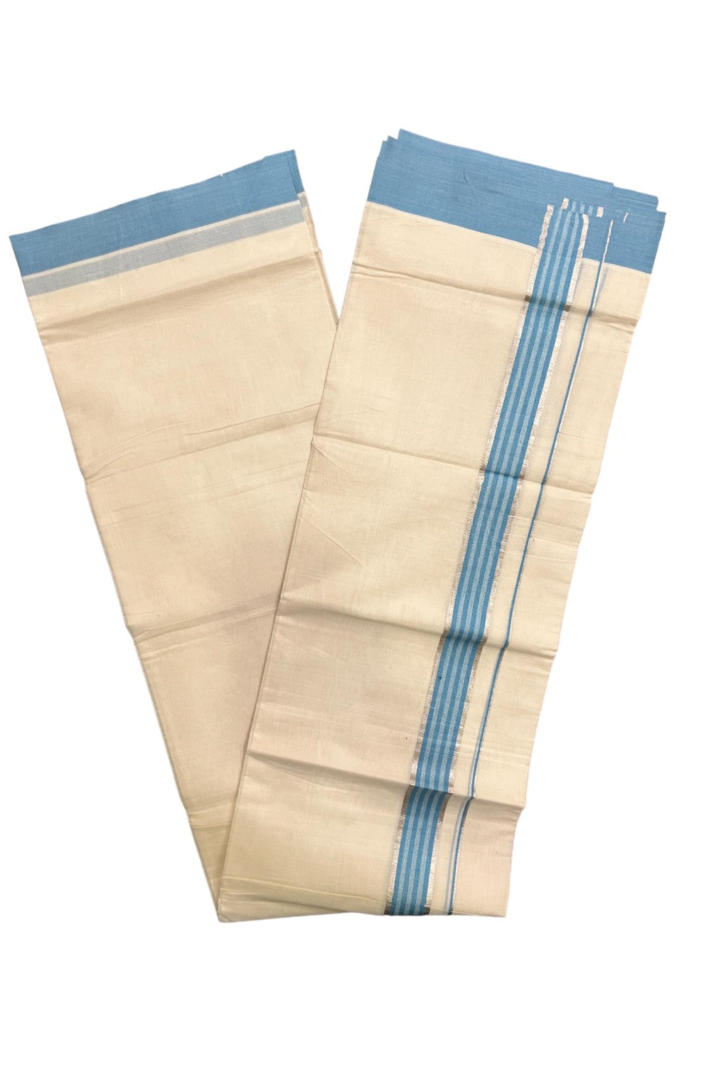 Kerala Pure Cotton Double Mundu with Silver Kasavu and Light Blue Border (South Indian Kerala Dhoti)