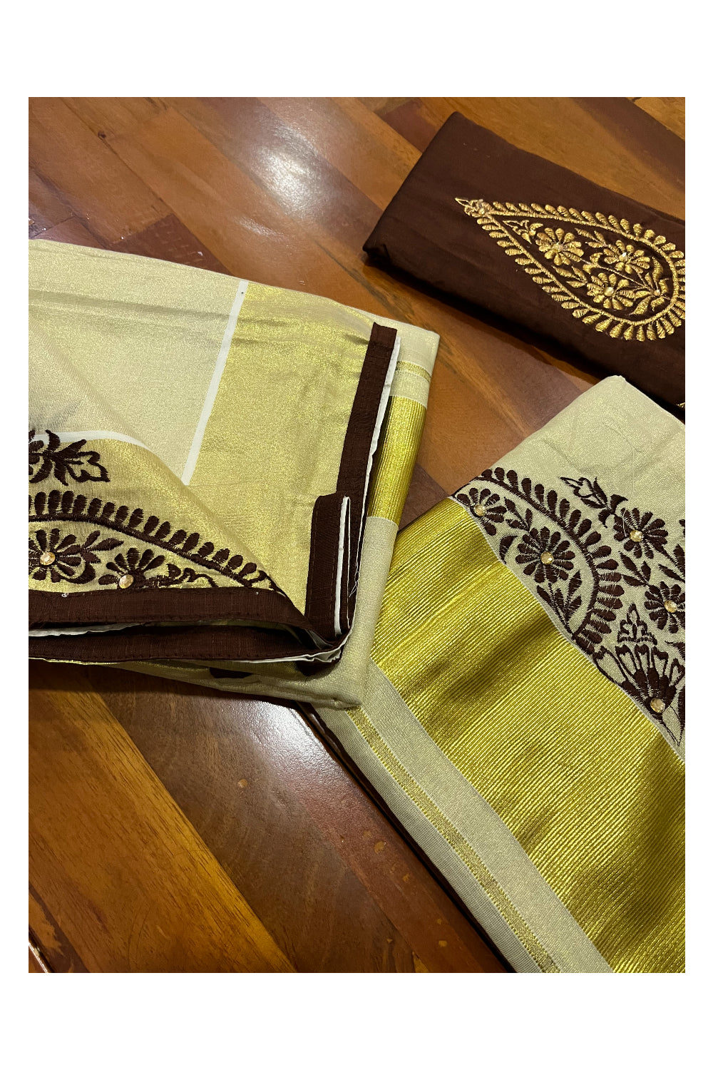 Kerala Tissue Kasavu Set Mundu (Mundum Neriyathum) with Handwork Embroidery Design and Brown Blouse Piece