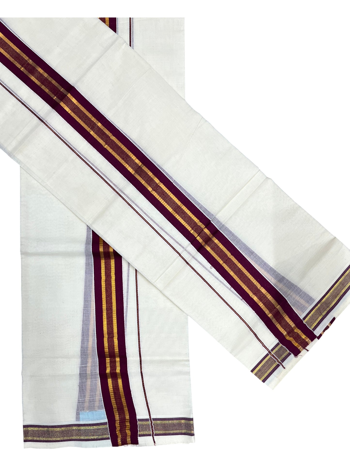 Southloom Kerala Cotton Single Set Mundu (Mundum Neriyathum) with Kasavu and Maroon Border  SLKK SL470