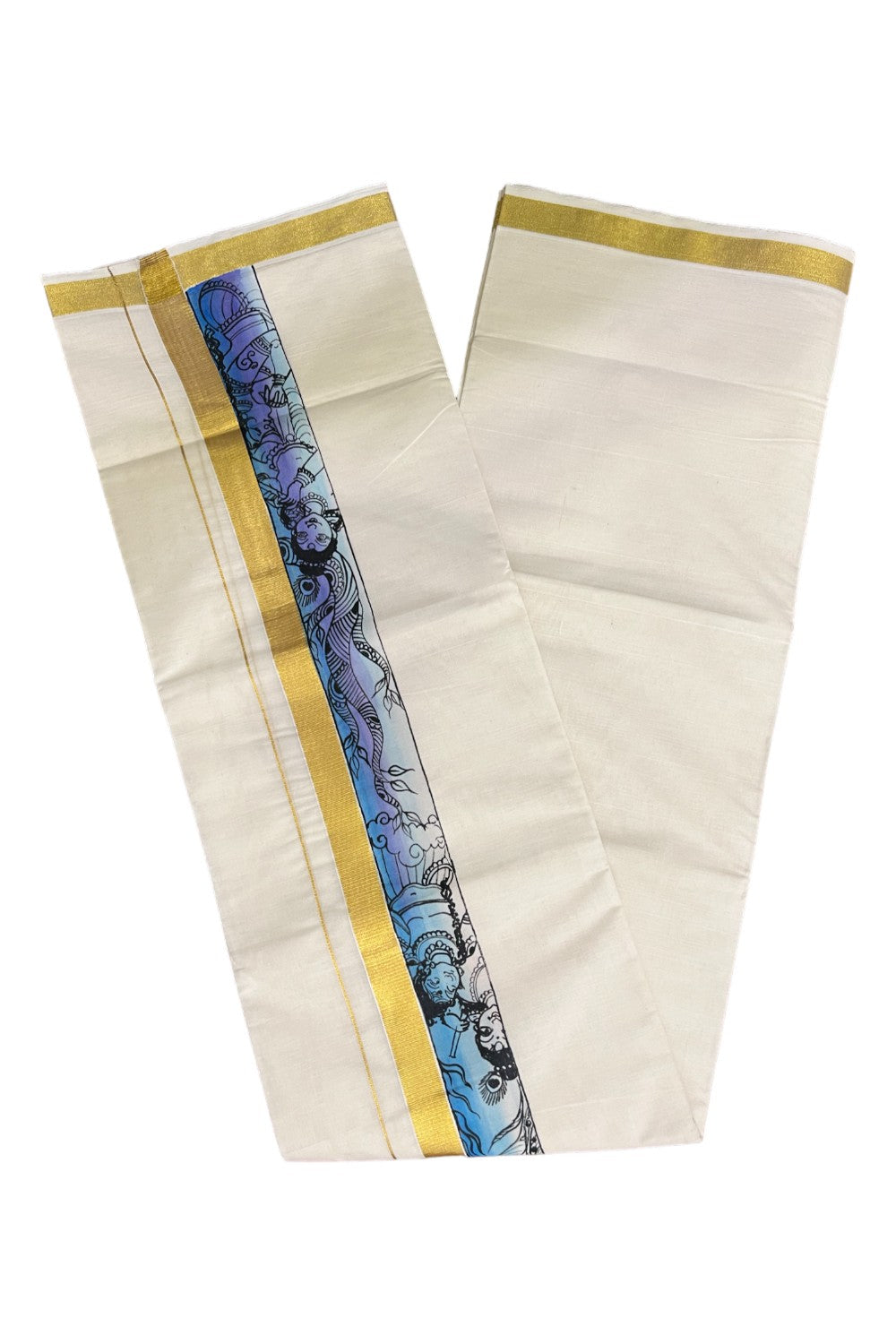 Kerala Pure Cotton Double Mundu with Mural Hand Painted Design on Kasavu Border (South Indian Kerala Dhoti)