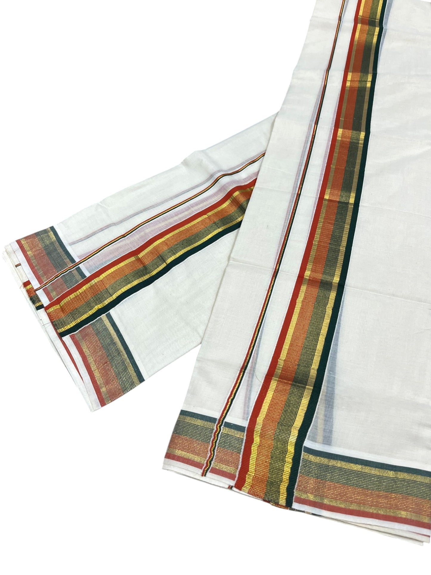 Southloom Kerala Cotton Kasavu Single Set Mundu (Mundum Neriyathum) with Green and Orange Kasavu Border SLKK