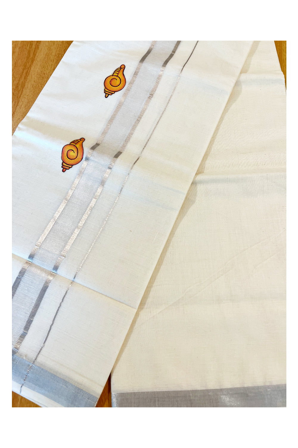 Kerala Pure Cotton Double Mundu with Mural Printed on Silver Kasavu Border