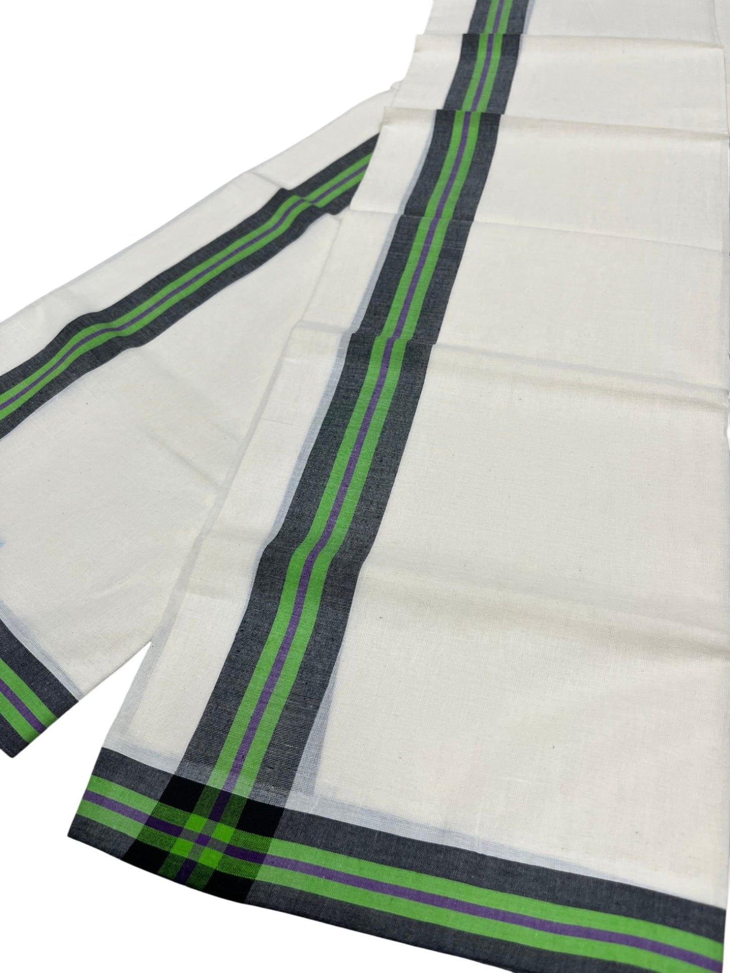 Southloom Pure Cotton Kerala Single Mulloth Set Mundu (Mundum Neriyathum) Green Border in 2.50 mtrs SL243