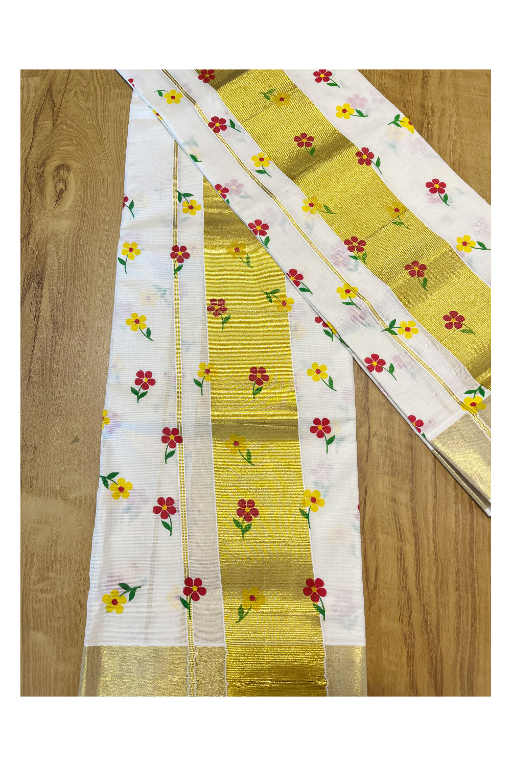 Kerala Cotton Single Set Mundu (Mundum Neriyathum) with Yellow And Red Floral Block Printed Design 2.80Mtrs