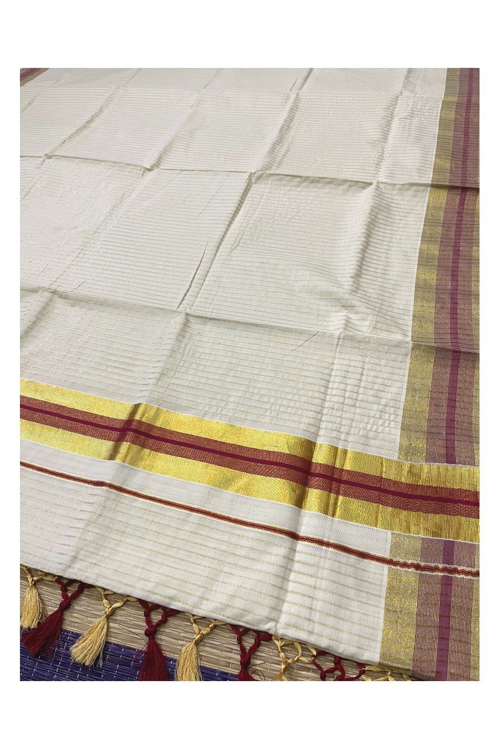 Pure Cotton Kerala Kasavu Lines Design Saree with Maroon Border and Tassels Work (Onam Saree 2023)