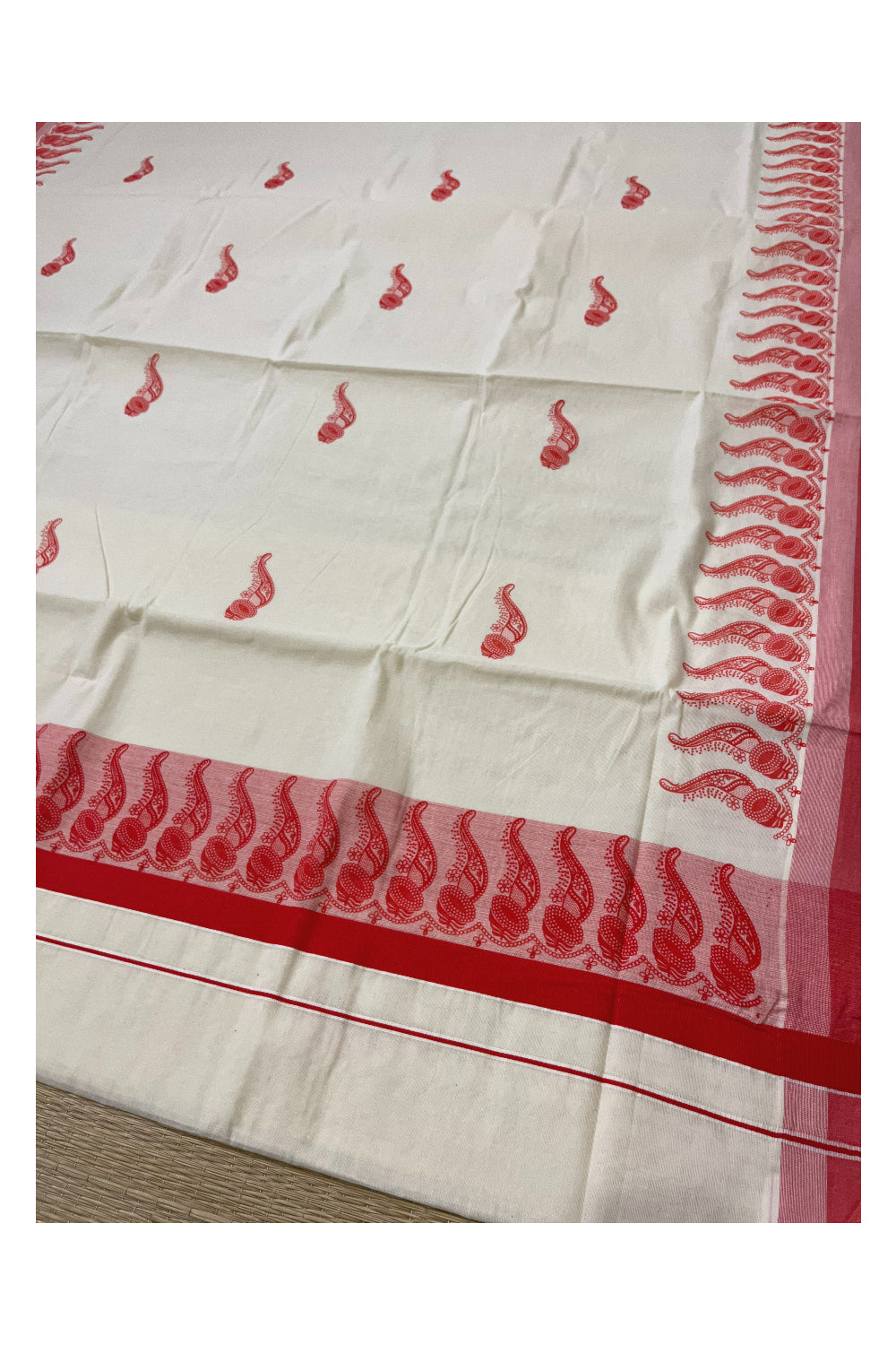 Pure Cotton Off White Kerala Saree with Orange Block Printed Border