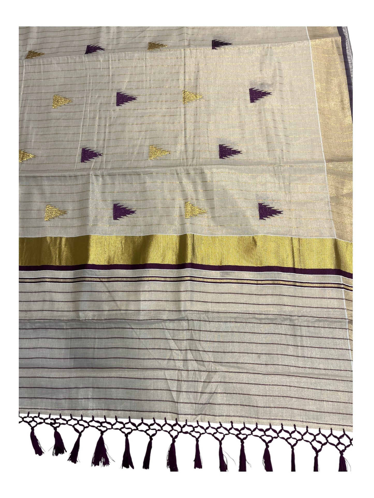 Southloom Kerala Tissue Kasavu Line Saree with Purple Temple Embroidery Works