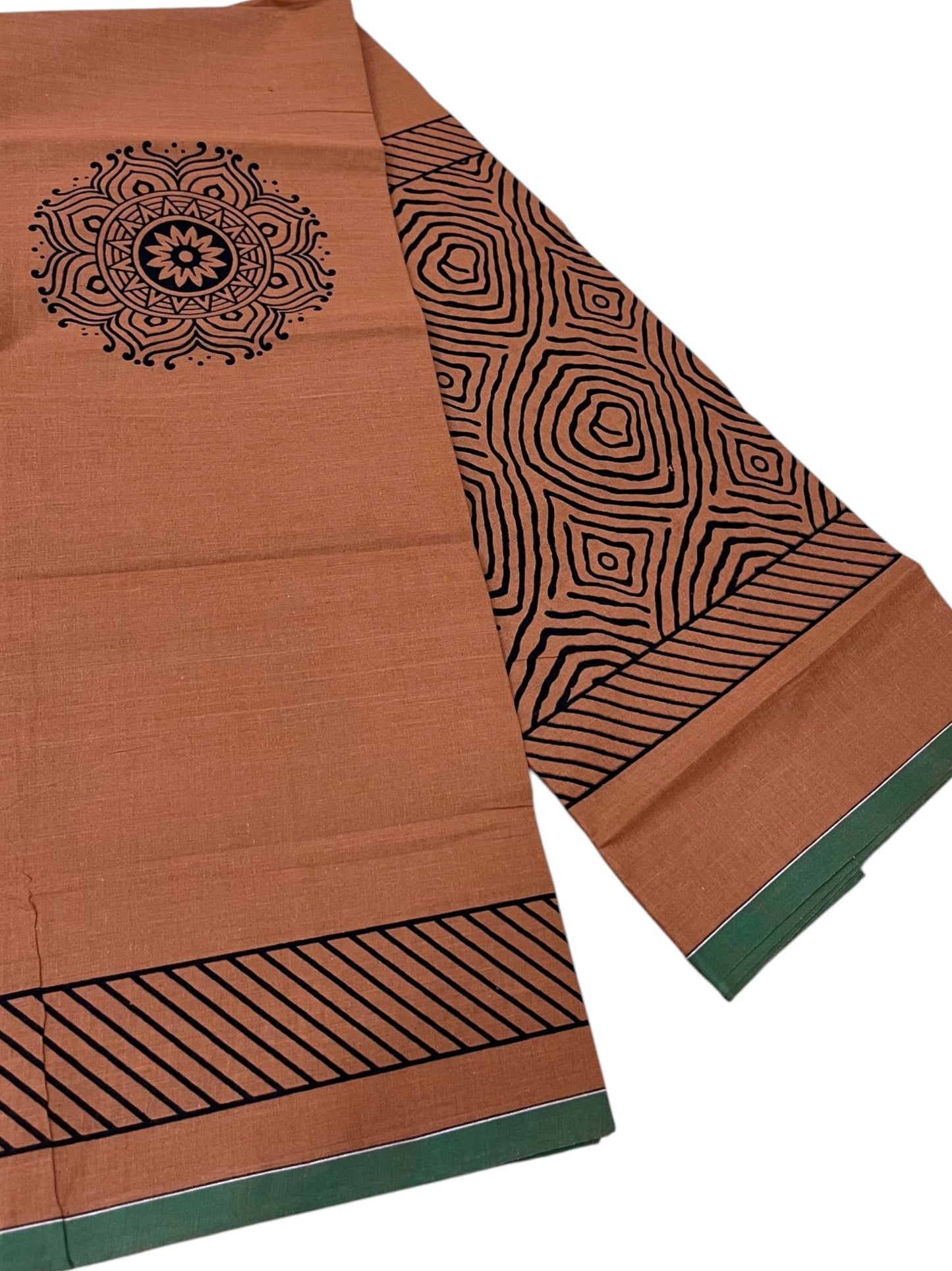 Southloom Saffron (Kaavi) Black Printed Single Mundu / Lungi (South Indian Kerala Dhoti) SL319