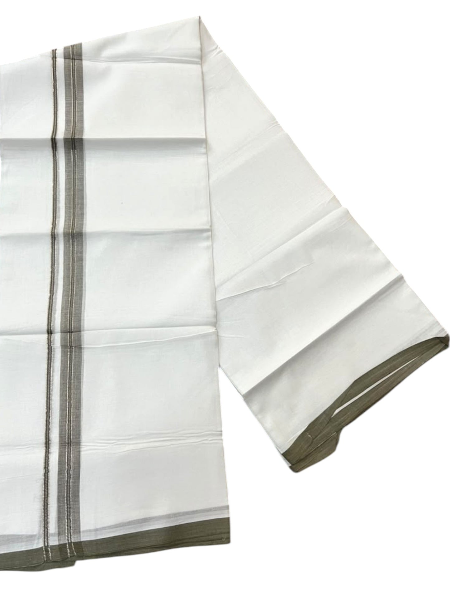 Southloom Pure White Cotton Mundu with Dark Olive Green & Silver Line Border (South Indian Kerala Dhoti)